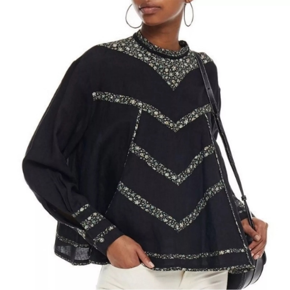Isabel Marant Mooney Printed Linen Blouse 36/S Black High Neck Floral
